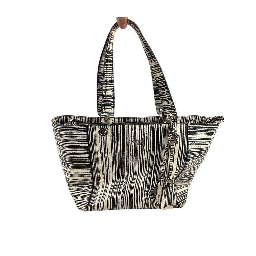 Guess Kamryn Stripe Python‎ Tote Black White Shoulder Handbag Zipper Closure